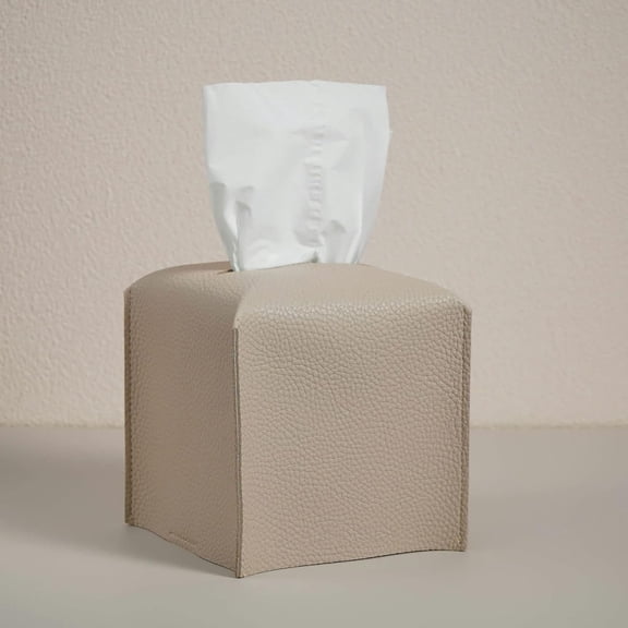 XIBUFE Square Tissue Box Cover - Aesthetic Desk Decor for Room, Home & Office - Tissues Cube Boxes Holder - Light Taupe, Set of 2