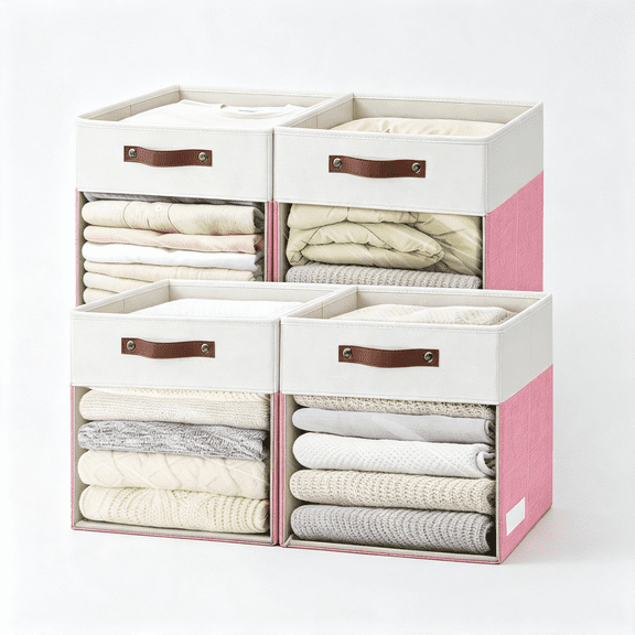 XIBUFE Storage Cubes, 4 Pack Linen Foldable Storage Bins with Clear Window and 2 Handles, 13X15X13 Storage Cube Bins for Shelf Closet, Kallax, Clothes, Books - (Pink / Off-White)