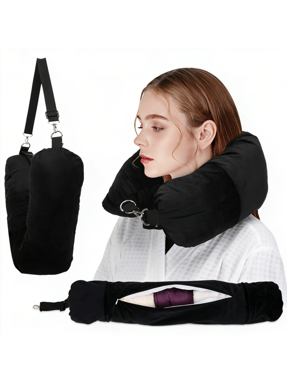 Stuffable Travel Pillow, Stuffable Neck Pillow for Travel, Neck Pillow Stuffed with Clothes Storage - No Extra Baggage Fees, Fits 5+ Days of Travel Essentials, No Filler (Black)