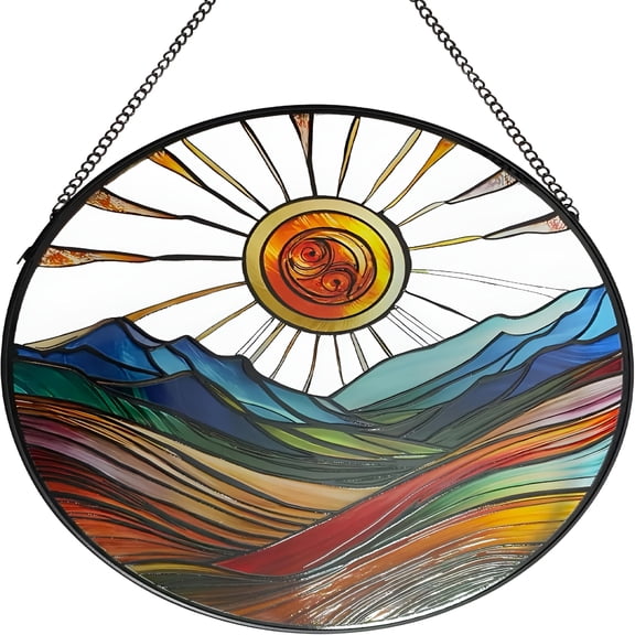 XIBUFE Sun Mountains Stained Glass Window Hanging,9.8''Sun Catcher Glass Panel Boho Wall Art Decor with Chain,Hand Painted Round Glass Gifts for Couples,Housewarming Gift