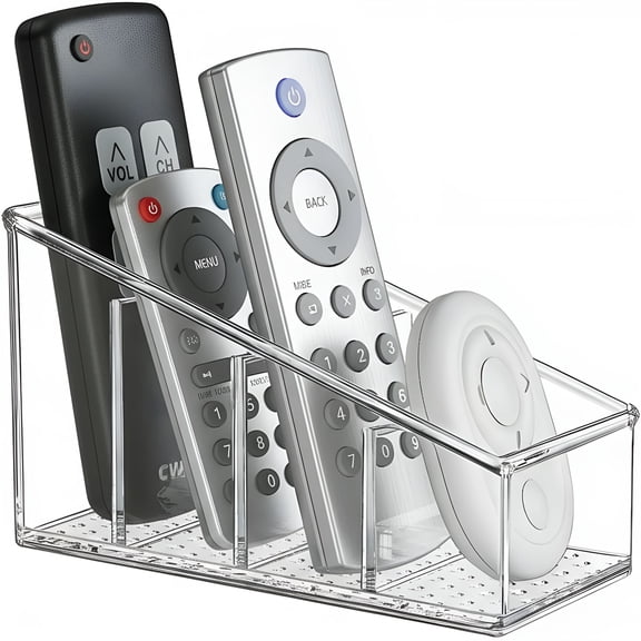 XIBUFE TV Remote Holder,Remote Holder for Table,Remote Control Caddy,Clear PET Remote Control Organizer with 4 Storage Compartments,Mini Desktop Remote Storage for Household,Living Room (1Pcs)