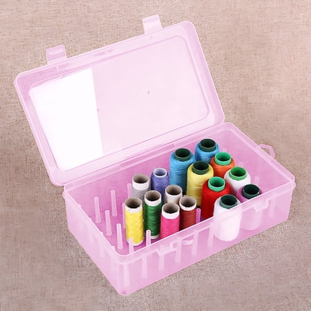 XIBUFE Thread Organizer Box,Transparent Plastic Sewing Storage Case for 42 Spools,Multi Compartment Holder for Needles and Notions,for Craft Room Desk,Pink