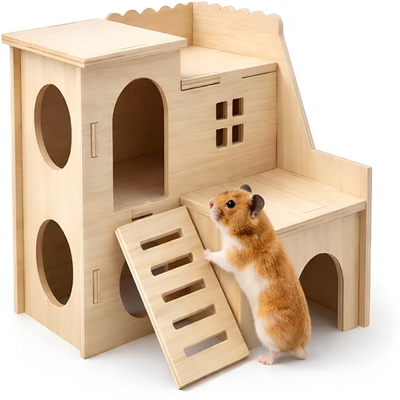 XIBUFE Tiny Hamster Maze Wood House Fun Slide House Double-Decker Hut for Dwarf Gerbil Mouse Mice Rat Small Animals (Only for Small Hamster)