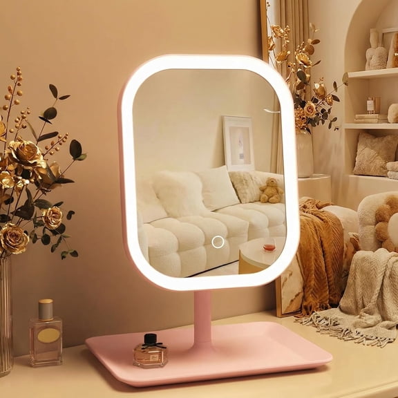 XIBUFE Touch-Sensitive Controls Vanity Mirror,Makeup Mirror with Led Light,2400Mah Rechargeable,270-Degree Rotation Adjustment,Beauty Vanity Mirror with Lights(Pink)