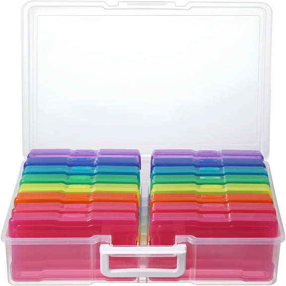 XIBUFE Transparent 4" x 6" Photo Organizers and Photo Storage Box with Handle,16 Inner Photo Cases,Portable Picture Organizers & Photo Storage Containers