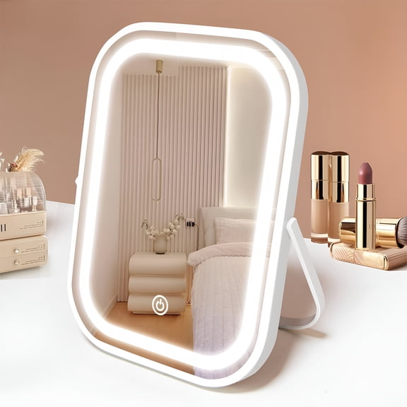 XIBUFE Travel Makeup Mirror with Lights, Portable Small Beauty Led Vanity Mirror with Lights, 1200Mah Battery, Dimmable Touch Screen, Tabletop Folding Compact Mirror, Women Gift