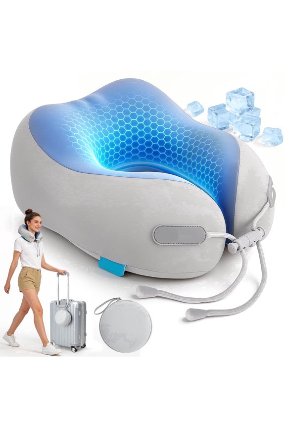 Travel Pillow,Travel Pillows for Sleeping Airplane,Removable Cover Neck Pillow with Adjustable Clasp,Memory Foam Neck Pillow Set with Eye Mask, Earplugs and Storage Bag,Light Gray