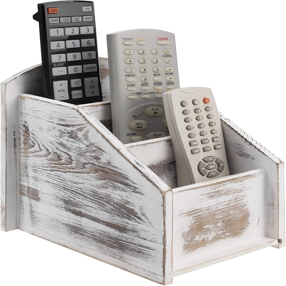 XIBUFE Tv Remote Control Holder,Modern Farmhouse Decor,Whitewashed Wood Media Remote Caddy/Organizer/Storage Box with 3 Compartments,For Living Room,Coffee Table