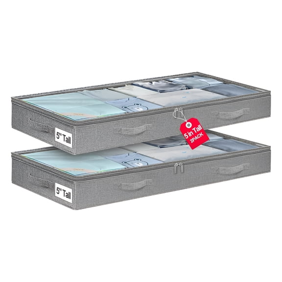 XIBUFE Under Bed Storage Containers 2-Pack, 5 Inch Low Profile Zippered Fabric Bins, Soft Underbed Organizers for Clothes, Blankets, Bedding, Grey