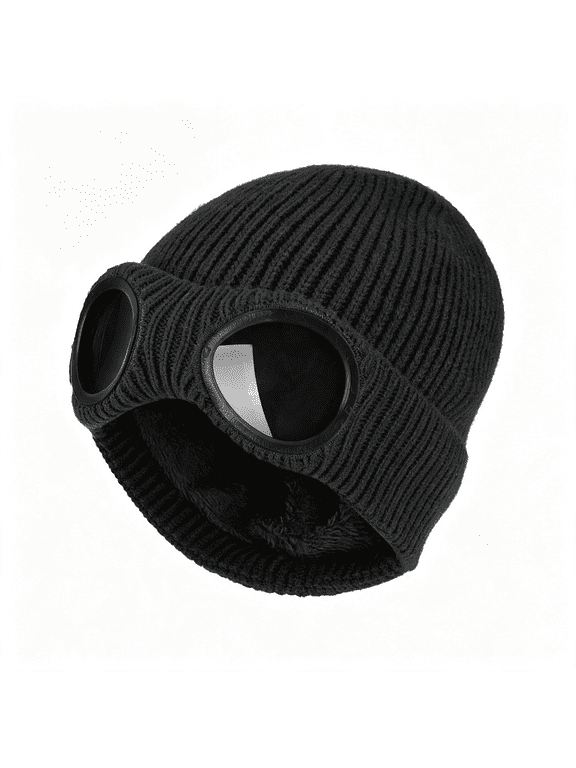 Unisex Knit Beanie with Goggle Windproof Winter Ski Face Cover Beanie | Boggle Beanie Windproof Warm Goggle Knitted Beanie Alien Hat Skull Cap, Windproof Goggle Beanie Beanie with Goggles