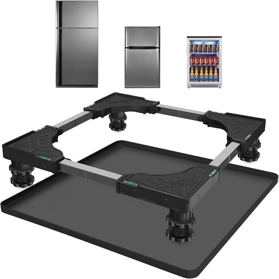 XIBUFE Universal Mini Fridge Stand With Silicone Mat, Adjustable Base With Hardened Steel Tube, 24''X24'' Drain Pan For Washing Machine