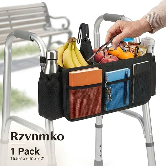 XIBUFE Upgrade Walker Basket with Cup Holder Foldable Walker Storage Bag for Seniors with Big Capacity&Never Tipping over Walker Bags with Attachment