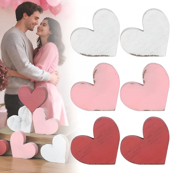 XIBUFE Valentines Day Tray Decor 6Pcs Red White Rustic Distressed Wood Heart Table Decorations Sign,Galentines Valentine Decorations for Home Table Dcor Anniversary Valentines Table Decor