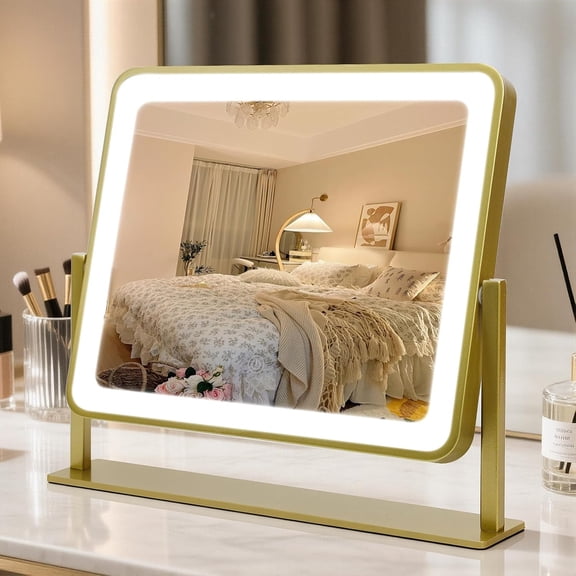 XIBUFE Vanity Mirror with Lights,14"12" Led Makeup Mirror,Hd Professional Mirror,Smart Touch with 3-Color Lighting,Dimmable,360 Rotation,Lighted Up for Makeup Desk,Bedroom (Gold)