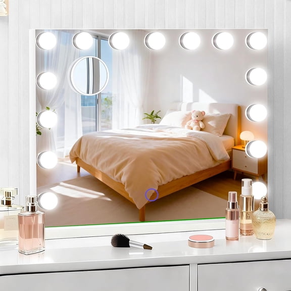 XIBUFE Vanity Mirror with Lights,23"X 18"Lighted Makeup Mirror with 15 Led Bulbs,3 Color Lights,10X Magnification,Desk/Wall Mounted,Bedroom College Dorm Room Essentials