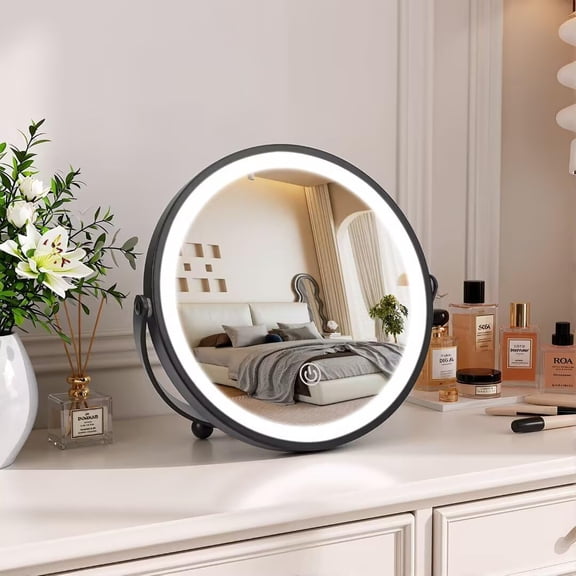 XIBUFE Vanity Mirror with Lights,8" Led Makeup Mirror Built-In 1500Mah Lithium Battery,Hd Professional Mirror,Smart Touch with 3-Color Lighting,Dimmable,Lighted Up for Makeup Desk,Travel (Black)