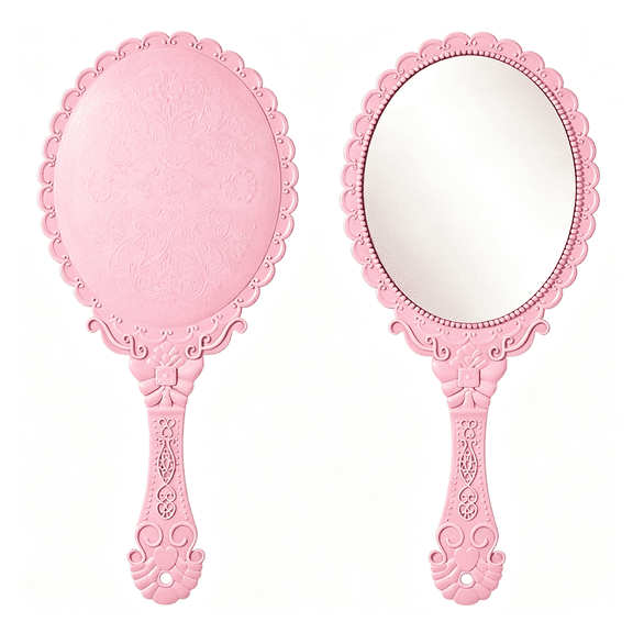 XIBUFE Vintage Hand Mirror,Cute Handheld Mirror with Handle,Elegant Embossed Flower Vanity Mirrors,Small Decorative Mirrors for Women,Party,Makeup,Travel and Desk Accessories,Pink