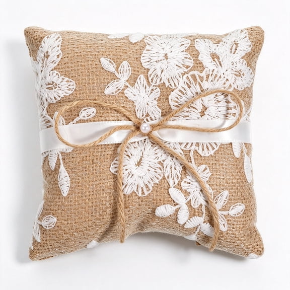 XIBUFE Vintage Rustic Burlap Ring Bearer Pillow with Lace Bow,5X5 in Embroidered Flower Ring Pillow for Fall Wedding Decor,Elegant Country Ceremony Accessories