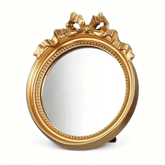 XIBUFE Vintage Wall Mirror,4.2 Gold Vintage Makeup Desk Mirror Decorative Vanity Mirrors with Arched Frame Antique Mirrors with Resin Frame for Bedroom Bathroom Tabletop Wall