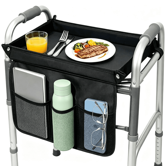 XIBUFE Walker Tray for Folding Walker, Removable Tray for Walker, Tray for Walkers for Seniors with Cup Holder, Fits Standard Walkers, Easy Assembly (Detachable Tray for Walker Walker Tray Black)