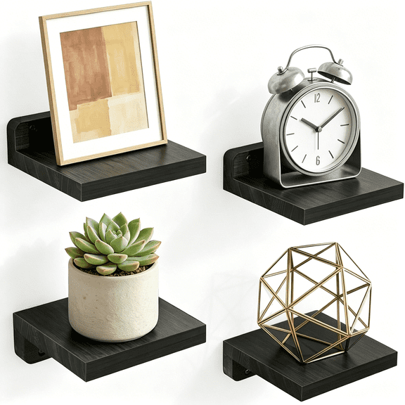 XIBUFE Wall Shelves,5X5 Inches Small Floating Shelf,Rustic Wood Wall Mounted Shelves for Bedroom,Living Room,Kitchen,Bathroom Decor (Set of 4,Black)