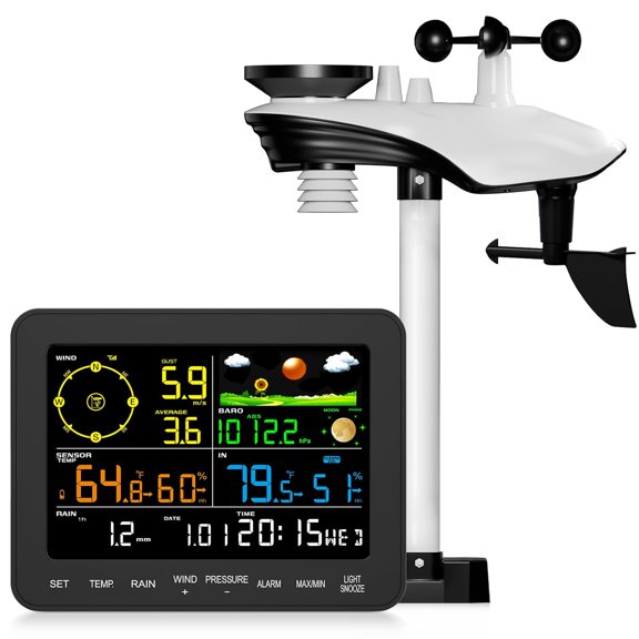 XIBUFE Weather Station Wireless, 12-In-1 Weather Station with Rain Gauge, Wind Speed, Weather Forecast, Air Pressure, Humidity, Alarm Clock, Apparent Temperature(No Wifi)