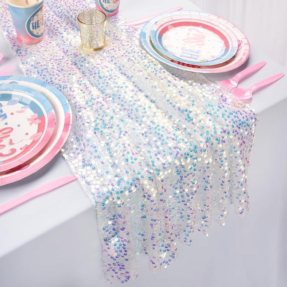 XIBUFE White Table Runner 25X120 Inches Long 10Ft Iridescent Sequin Table Runner|Glitter Fabric for Party Boho Wedding Mermaid Birthday Decorations,Fit for Round Or Rectangle 8-10 Seats Table