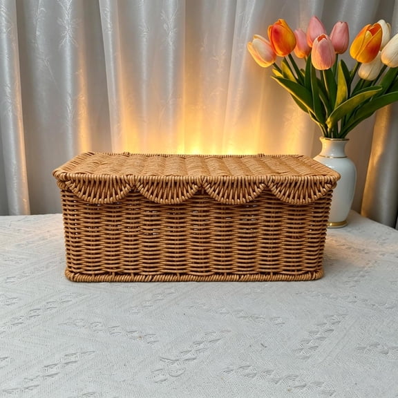 XIBUFE Wicker Rattan Storage Basket with Lid,Rectangular Cable Management Box,Natural Woven Organizer Rattan Basket with Lid