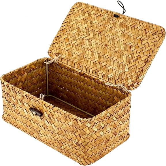 XIBUFE Wicker Shelf Baskets Bin with Lid,Handwoven Seagrass Basket Storage Bins Rectangular Household Basket Boxes for Shelf Wardrobe Home Organizer,X-Small