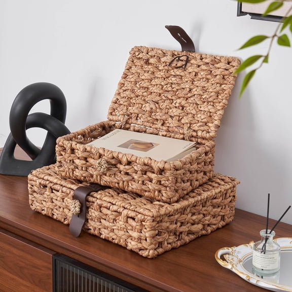 XIBUFE Wicker Storage Basket with Lid,2-Piece Set Decorative Box with Lid,Water Hyacinth Woven Decorative Box for Shelf,Coffee Table,Console Table,Home Decor