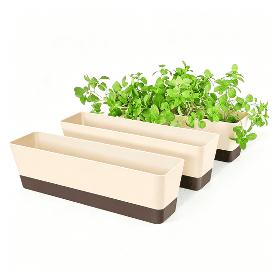 XIBUFE Window Box Herb Planters 3 Pack,16 X 3.8 in Rectangle Window Planter Box with Saucer,Modern Plastic Window Boxes Planters for Succulents Balcony Home Office