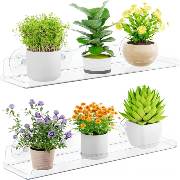 XIBUFE Window Plant Floating Shelves 14.6X3.6,2 Pack Acrylic Suction Cup Shelf,Window Sill Extender for Indoor Succulent Plants,Micro Greens,Seed Starter Pots,Herb Planters 37 X 9 Cm/14.6X3.6