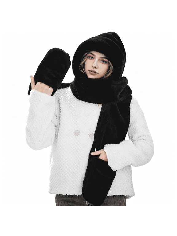 Winter Scarf for Women - 3 in 1 Faux Fur Hooded Scarf Hat Gloves Set scarf hat