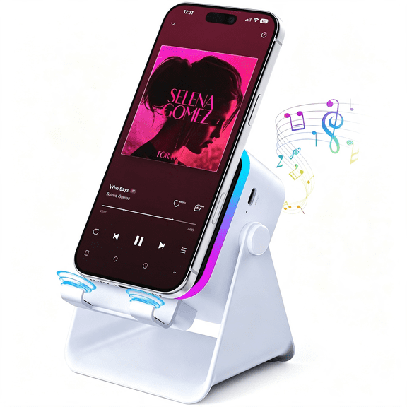 XIBUFE Wireless Bluetooth Induction Speaker Phone Speaker Amplifier, White | Rechargeable, Charge Cell Phone, Portable Phone Stand, Ambient Lights, Compatible with Iphone\/Ipad\/Android\/Samsung