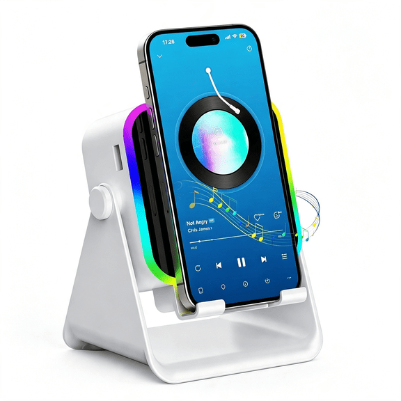 XIBUFE Wireless Induction Speaker, 5 in 1 Bluetooth Speaker | Adjustable Phone Stand, Wired Emergency Charging, Led Ambient Light, Compatible with Iphone Android, Gifts for Women Him