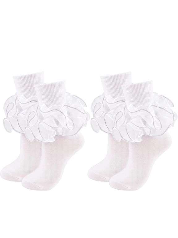 Women Big Ruffle Ankle Socks Adult Fluffy 4-Layer Lace Frilly Socks Fold Cuff Cotton Fancy Dress Bobby Socks Soft Cotton Socks for Women