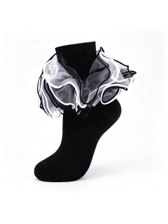 Women Big Ruffle Ankle Socks Adult Lace Frilly Turn Cuff Dress Sock | 1 Pair Cute Cotton Fluffy Large 4-Layer Ruffled Socks Ladies Fancy Vintage 50S 80S Church Easter Party Bobby Socks