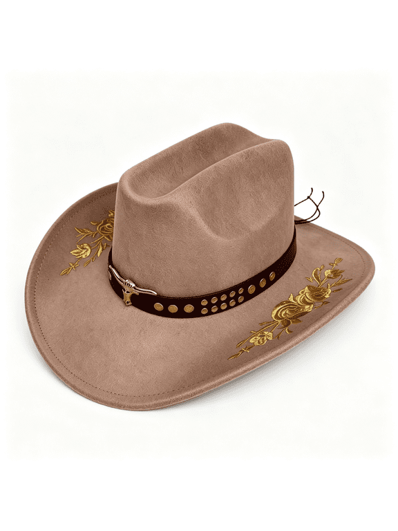 Women Men Western Cowboy Hat Felt Floral Cowgirl Hat for Women,Wide Brim,Cattle Head Belted,Flower Embroidery,Western Cowgirl Hat,Felt Jazz Cap for Rodeo Halloween Party