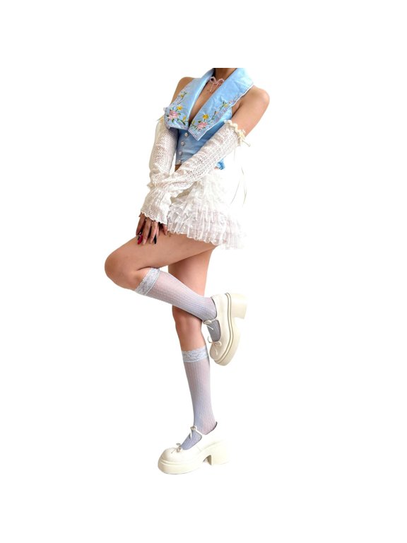 Womens Lace Knee High Stockings Cute Ruffle Mesh Lace Top Knee High Socks Candy Color Long Calf Fishnet Stocking,Sweet Light Blue Ruffle Socks