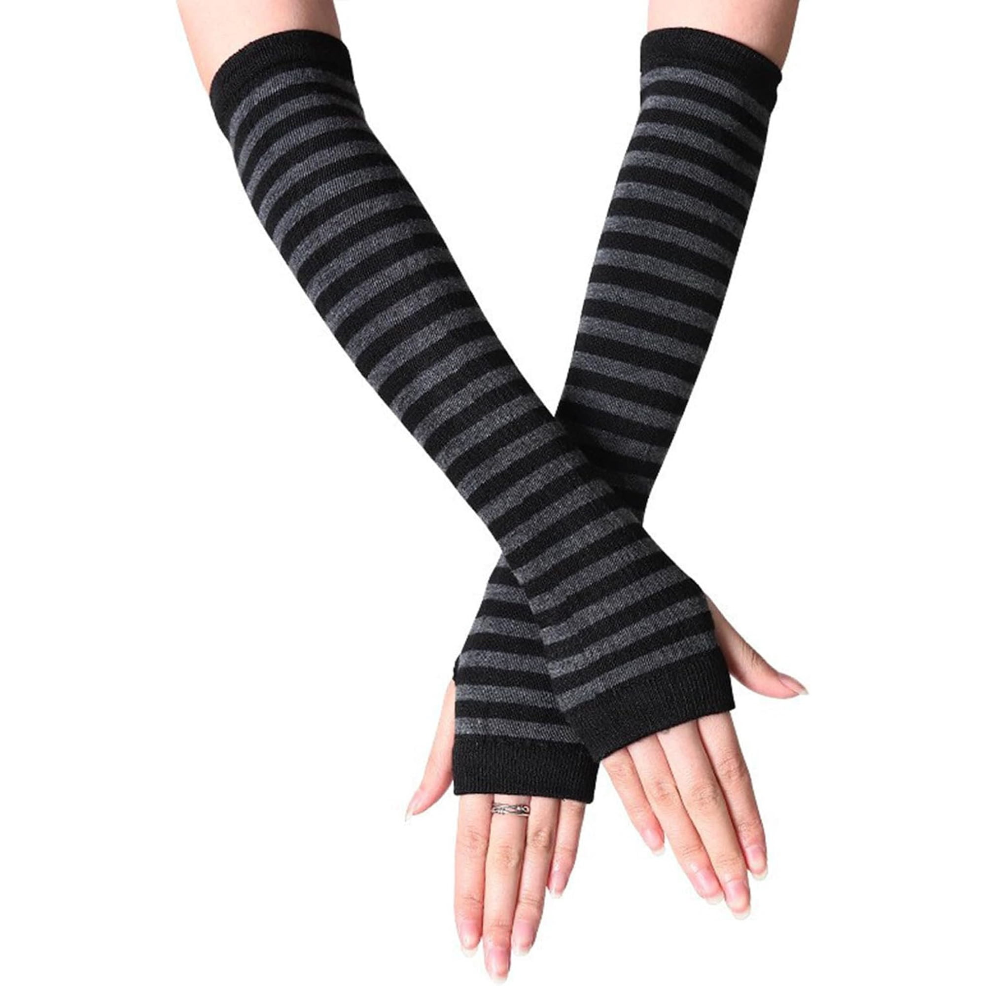 XIBUFE Womens Punk Gothic Long Arm Warmers Striped Fingerless Gloves ...