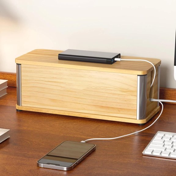 XIBUFE Wooden Cable Management Box, Retro-Inspired Cord Organizer for Home Office, Large Hider Hides Floor and Power Strips, Covers, 14.3" X 6.0" 5.5", Light Wood Color