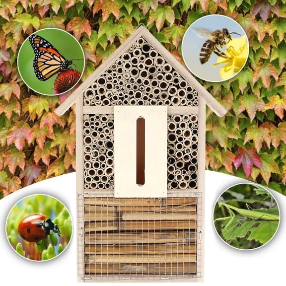 XIBUFE Wooden Insect Hotel, Natural Bee Hotel House, Bug Hotel Shelter Garden Nest Box for Ladybirds, Butterflies, Wild Bees & Many Other Species Mason Bee House
