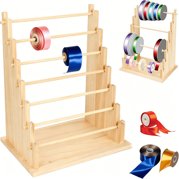 XIBUFE Wooden Ribbon Organizer Rack,Large Capacity Ribbon Holder, Ribbon Spool Holder Stand, Washi Tape Storage Organizer, Wooden Sewing Organizer Display Shelf for Craft Room