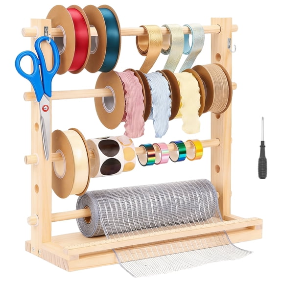 XIBUFE Wooden Ribbon Storage Rack,4 Tier Ribbon Storage Organizer,Thread Washi Tape Spool Holder Organizer for Sewing Craft Wreath Crochet Roll Florist Arts Wrapping Gift,15.7"