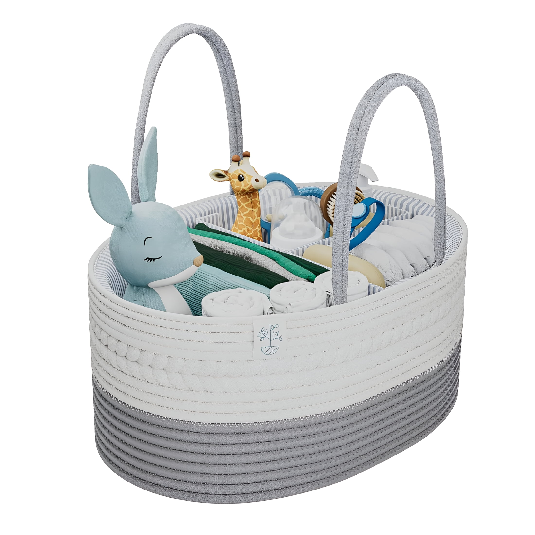 XIBUFE Woven Diaper Caddy Basket with Handle Lid,Diaper Caddy Basket with Dividers for Baby Nursery,Baby Gift,Gray,Large