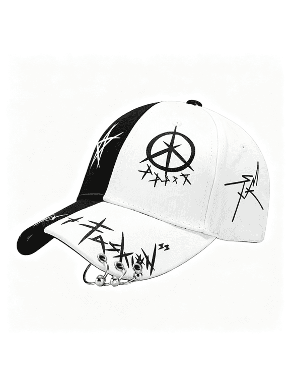Y2K Gothic Graffiti Baseball Cap for Men Women,Emo Alt Baseball Hat with Rings,Cyberpunk Streetwear Accessories Cap Cyberpunk emo hat