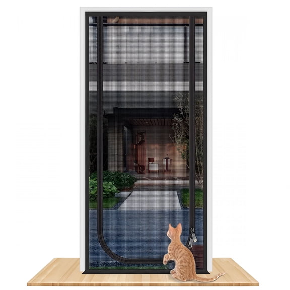XIBUFE Zipper Anti-Cat Door Curtain Partition Curtain Pet Out Screen Door Net Balcony Anti-Mosquito Stop Cat Puppy Escape Screen Door-Grey Gauze Black Stickers
