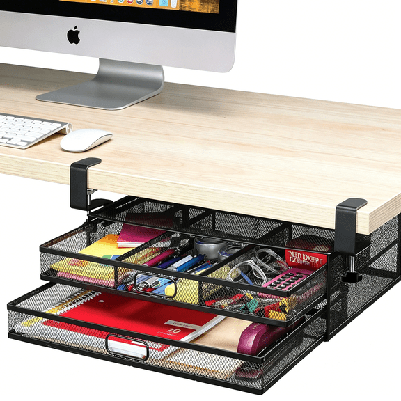 XIBUFE under Desk Organizer Clamp-On under Table Storage with 2 Mesh Desk Drawer, Black under Desk Storage
