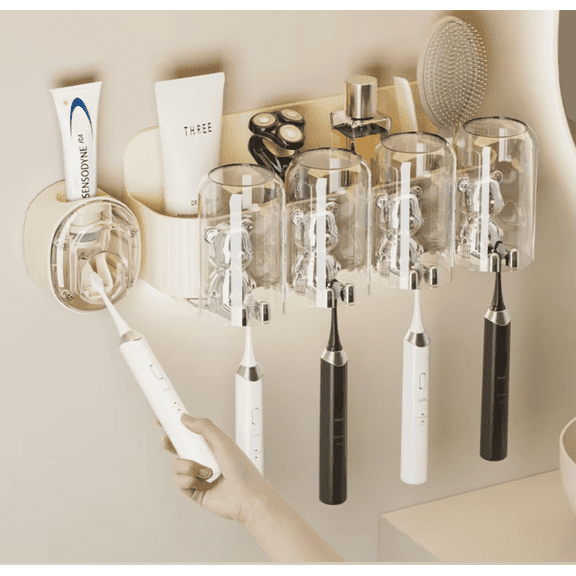 XIBUZZ Wall-Mounted Toothbrush Holder Set with Automatic Toothpaste Dispenser, Dustproof Storage Organizer