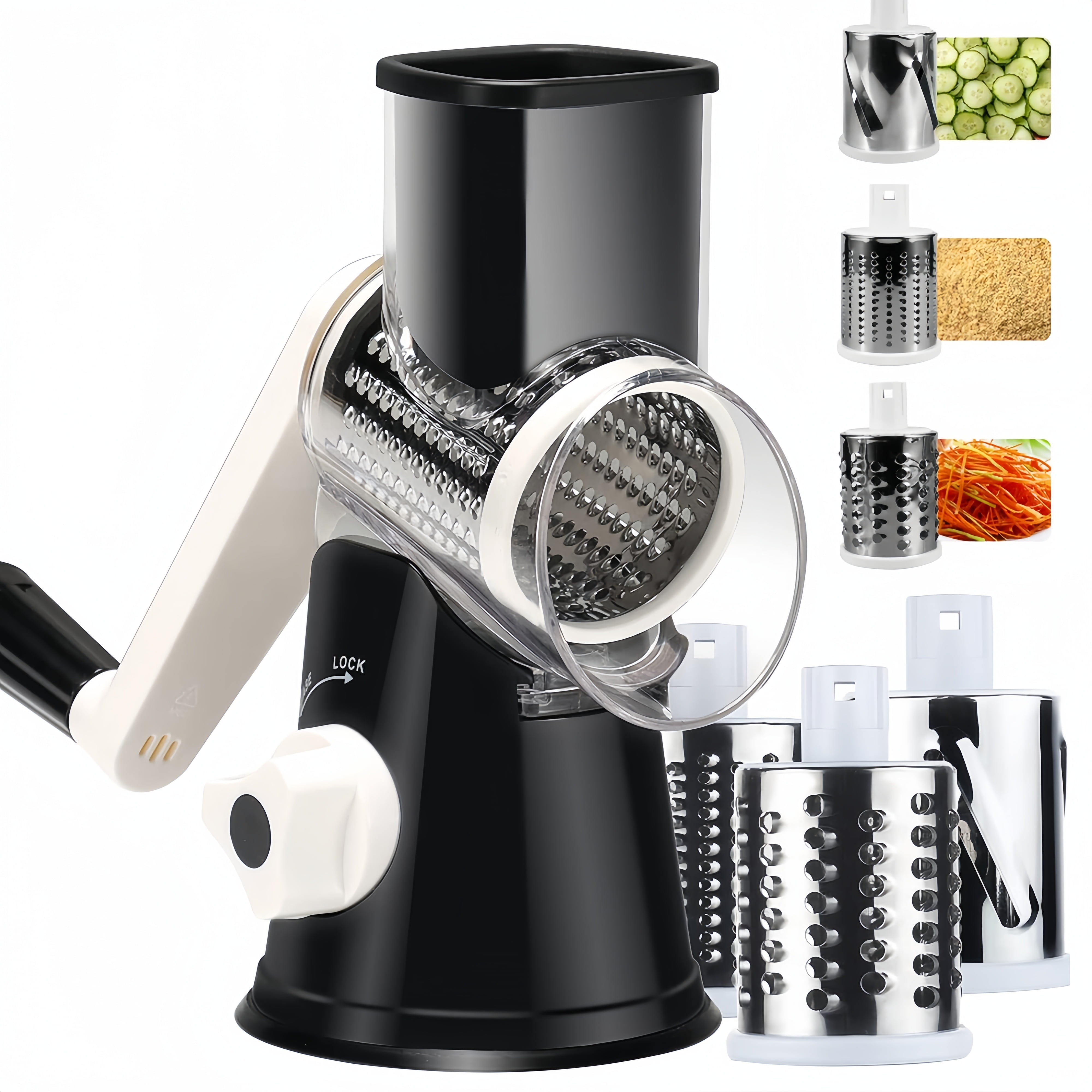 BAKIBO Rotary Cheese Grater, 3 in 1 Cheese Shredder Grater Rotary with Handle, Vegetable Mandoline Slicer Grater Shredder for Vegetable, Cheese, Nut, Garlic
